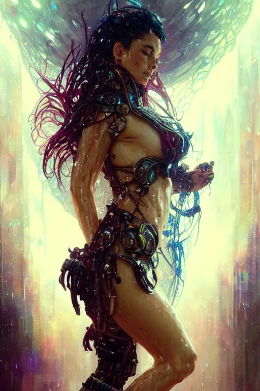 Image similar to portrait of a beautiful woman wearing a cyberpunk armor, drenched body, wet dripping hair, emerging from the water, fantasy, regal, fractal crystal, fractal gems, by stanley artgerm lau, greg rutkowski, thomas kindkade, alphonse mucha, loish, norman rockwell ross tran