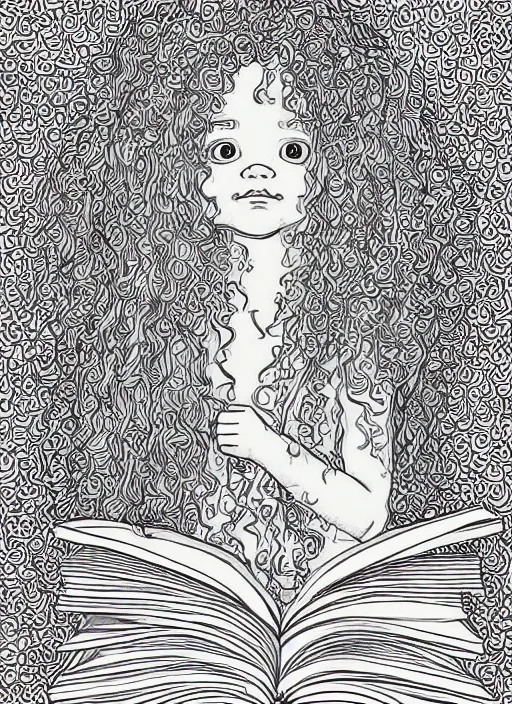 Prompt: clean simple line art of a little girl with wavy curly hair sitting on a tall pile of books. well composed, clean coloring book page, beautiful detailed face. coloring book line art by greg rutkowski and johanna basford