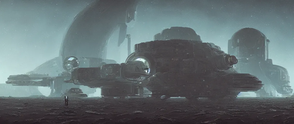 Image similar to illustration, a single scouting spaceship, deep space exploration, the expanse tv series, industrial design, galaxy travel, atmospheric, cinematic lighting, 4k, greebles, widescreen, wide angle, beksinski, sharp and blocky shapes, simon stalenhag palette