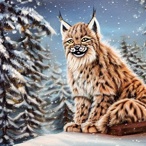 Image similar to cute fluffy lynx sitting in snowy winter landscape detailed painting 4 k