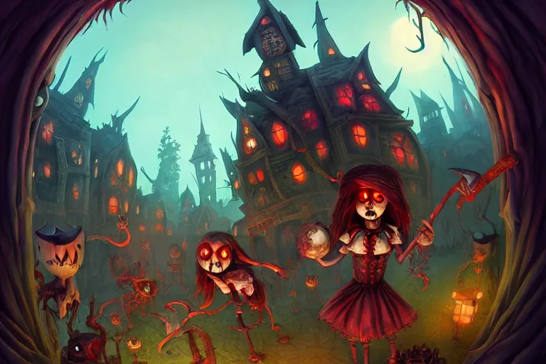 Image similar to scary village, american mcgee's alice, sharp focus, artstation, trending, by julie dillon, luis melo, tyler miles lockett, lei jin, hong lei, ken wong, adam narozanski, joy ang