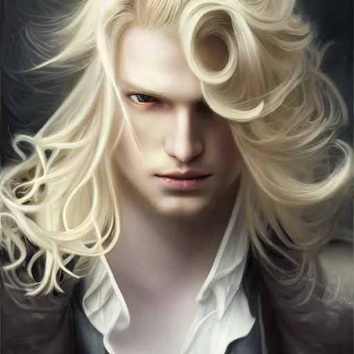 Image similar to digital art of a pale menacing male Cyborg Angel of Battle with long blond curls of hair and piercing eyes, johan liebert mixed with Dante, central composition, he commands the fiery power of resonance and wrath, very very long blond curly hair with bangs!!!, baroque curls, by Ross Tran Rossdraws and WLOP, Artstation, CGsociety