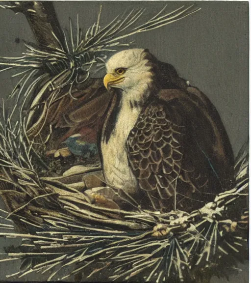 Image similar to tattered postcard of 'an eagle in the nest of a snowy pine tree', long shot, on table