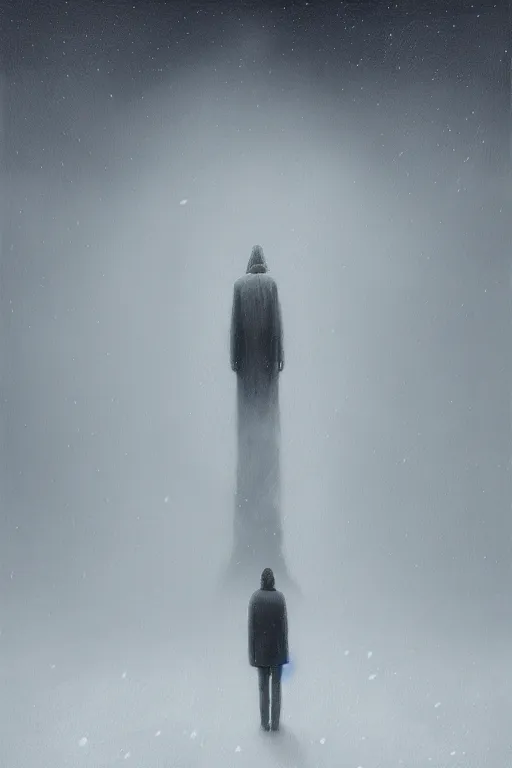 Image similar to a painting of a person standing in the snow, a surrealist painting by zdzisław beksinski and by alena aenami, deviantart, nuclear art, dystopian art, apocalypse landscape, surrealist