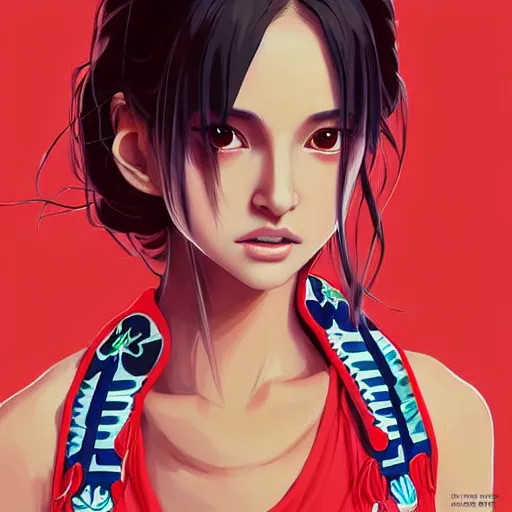 Image similar to a beautiful young japanese natalie portman alluring gravure model, stylized concept art, wearing elegant designer bomber jacket and one piece bikini, bomber jacket with mesoamerican patterns, mesoamerican native street fashion, princess mononoke, painted by ilya kuvshinov aesthetic, gorgeous, stunning, alluring, attractive, artstation, pinterest, digital art