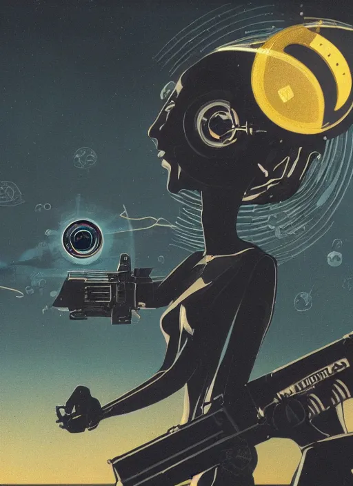 Prompt: a Raypunk painting of a woman holding a raygun, UFOs in the background, life like, intricate detail, 4K HD