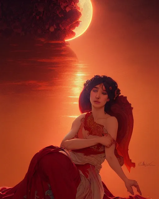 Image similar to painting of the blood moon, decorated, intricate, elegant, highly detailed, digital painting, artstation, concept art, smooth, sharp focus, illustration, art by artgerm and greg rutkowski and alphonse mucha, 8 k