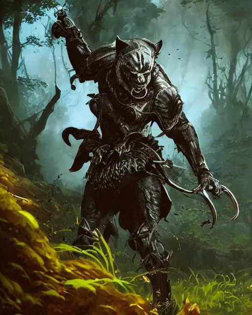 Image similar to Panther warrior in armor sneaking in jungle, portrait, magic the gathering artwork, D&D, fantasy, cinematic lighting, centered, symmetrical, highly detailed, digital painting, artstation, concept art, smooth, sharp focus, illustration, volumetric lighting, epic Composition, 8k, art by Akihiko Yoshida and Greg Rutkowski and Craig Mullins, oil painting, cgsociety