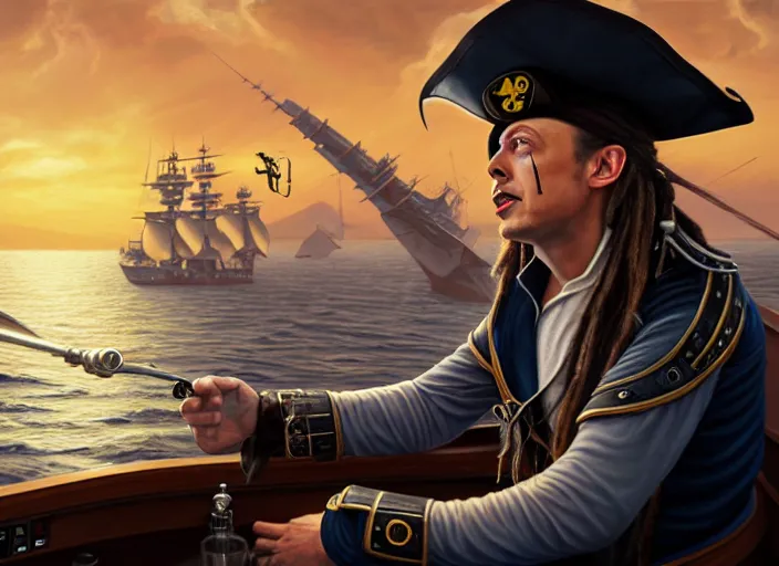 Prompt: highly detailed painting of a sly Elon Musk as a dread pirate captain, proudly posing at the helm of his frigate wearing a pirate hat at sunset, artstation, cinematic lighting, hyperdetailed, cgsociety, 8k, high resolution, insanely detailed and intricate, concept art, smooth, sharp focus, illustration, art by John Collier and Albert Aublet and Krenz Cushart and Artem Demura and Alphonse Mucha, masterpiece