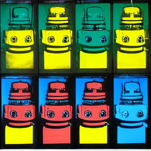 Image similar to old robot, 6 panels by andy warhol, with highly contrasted colors and an illuminating background