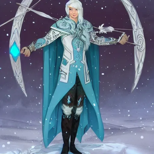 Image similar to an epic concept art of a handsome snow elf in a turquoise cape and silver armour, bow and arrow, albino skin, winter vibes, elegant, very coherent symmetrical artwork, rule of thirds, by ralph hosley and alphonse mucha and charlie bowater, sharp focus, trending on artstation