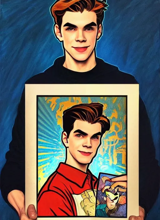 Prompt: oil portrait of archie andrews holding a picture of jughead jones, intricate, elegant, highly detailed, lighting, painting, artstation, smooth, illustration, art by greg rutowski and alphonse mucha