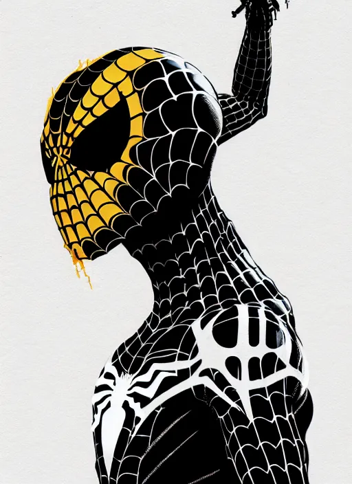 Image similar to highly detailed closeup portrait of a cyborg venom symbiote in spiderman suit with skeleton skull head, black hoodie by atey ghailan, by greg rutkowski, by greg tocchini, by james gilleard, by joe fenton, by kaethe butcher, gradient, yellow, black, brown and white color scheme, grunge aesthetic!!! white graffiti tag wall background