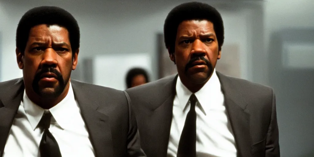 Prompt: Denzel Washington as Jules Winnfield in 'Pulp Fiction 2: The Enemy Within' (2004), movie still frame