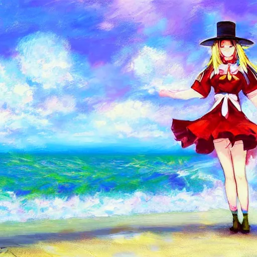 Prompt: Beautiful abstract impressionist painting of Kirisame Marisa from the Touhou project at the beach wearing a maid dress and a hat, touhou project official artwork, danbooru, oil painting by Antoine Blanchard, wide strokes, pastel colors, soft lighting sold at an auction