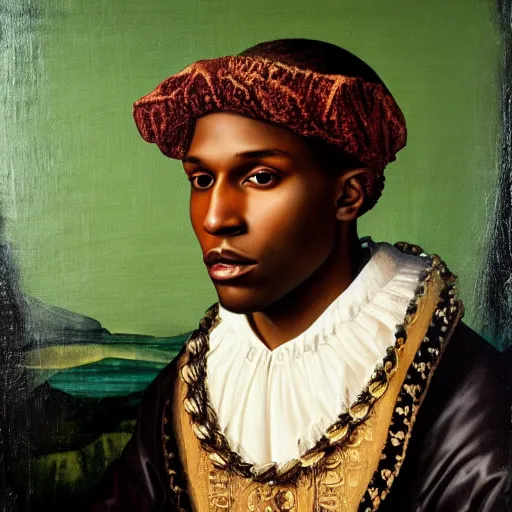 Image similar to a renaissance style portrait painting of asap rocky