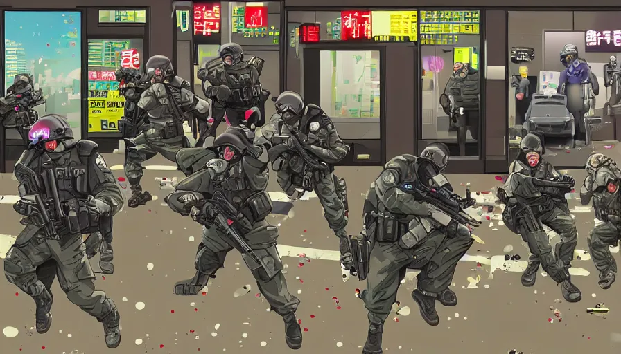 Prompt: 1994 Video Game Screenshot, Anime Neo-tokyo Cyborg bank robbers vs police, Set inside of the Bank Lobby, Multiplayer set-piece in bank lobby, Tactical Squad :9, Police officers under heavy fire, Police Calling for back up, Bullet Holes and Realistic Blood Splatter, :6 Gas Grenades, Riot Shields, Large Caliber Sniper Fire, Chaos, Anime Cyberpunk, Ghost in The shell Bullet VFX, Machine Gun Fire, Violent Gun Action, Shootout, :7 Inspired by Escape From Tarkov + Intruder + Akira :9 by Katsuhiro Otomo: 19