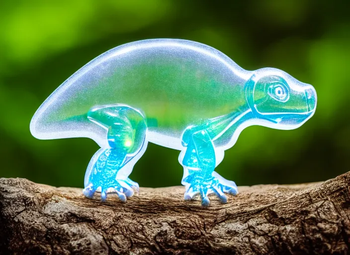 Prompt: photo of a translucent clear chibi style baby dinosaur made out of clear glass, but has hypercolor glowing energy inside its body, in the forest. fantasy magic style. highly detailed 8 k. intricate. nikon d 8 5 0 3 0 0 mm. award winning photography. design by pixar