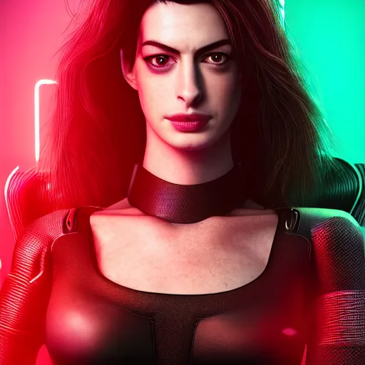 Image similar to anne hathaway portrait, cyberpunk 2 0 7 7, cyberpunk judy alvarez, photorealistic, ultra detailed, neon, octane, bokeh, cinematic lighting, cyber, cyberpunk city, studio quality, feature, scars, cyberface, 8 k