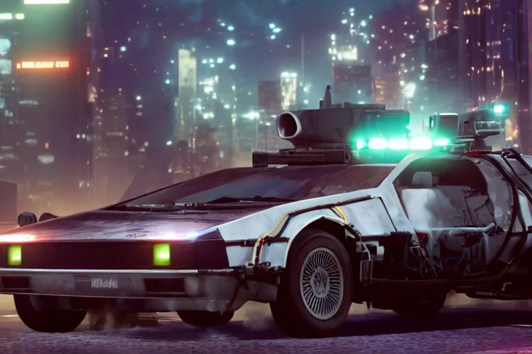 Image similar to photo of the back to the future combat delorean being chased by police on wet cyberpunk city streets at night, rocket league tank, mad max, action, speed, volumetric lighting, hdr, gta 5, makoto shinkai, syd mead, craig mullins, cinematic, fast and furious, octane, 8 k, iso 1 0 0, 1 2 mm