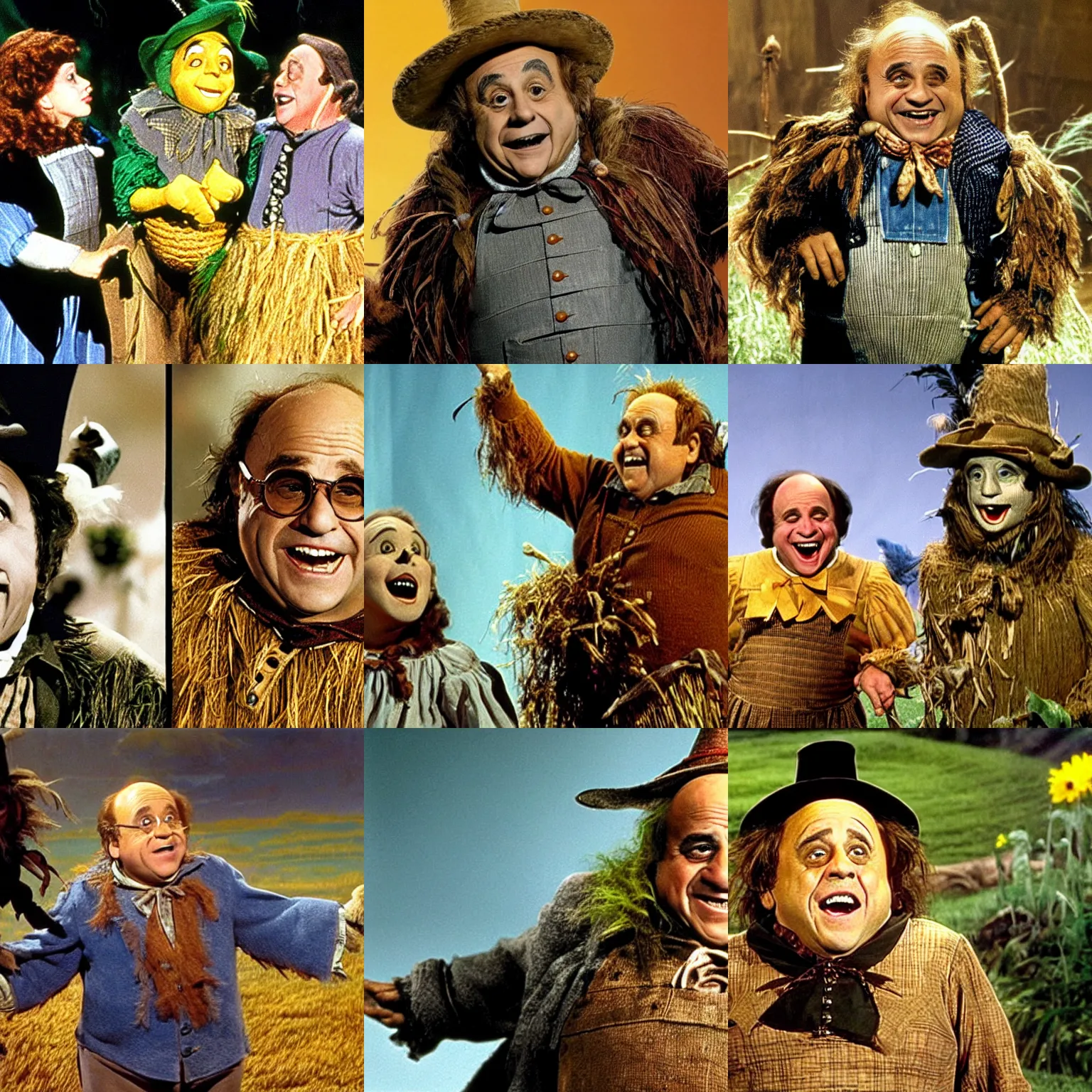 Prompt: danny devito plays as the scarecrow in the wizard of oz