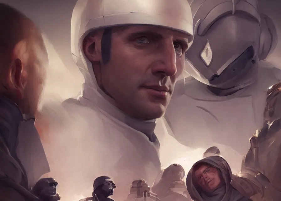 Image similar to painting portrait of Emmanuel Macron dressed as Arcann and as Thexan in Star Wars, sharp focus, waist up, trending on ArtStation, masterpiece, by Greg Rutkowski, by Ross Tran, by Fenghua Zhong, octane, clear eyes, soft render, clear facial features, oil on canvas, moody lighting, cinematic, professional environment concept art