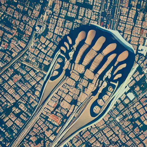 Image similar to giant foot stepping on city, aerial view, 8 k