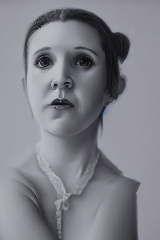 Prompt: a portrait of young carrie fisher, in the style of gottfried helnwein, dirk dzimirsky, gustave courbet, dramatic studio lighting, 3 5 mm f 1. 4 lens depth of field, octane render 8 k, hyperdetailed, trending on artstation, award winning