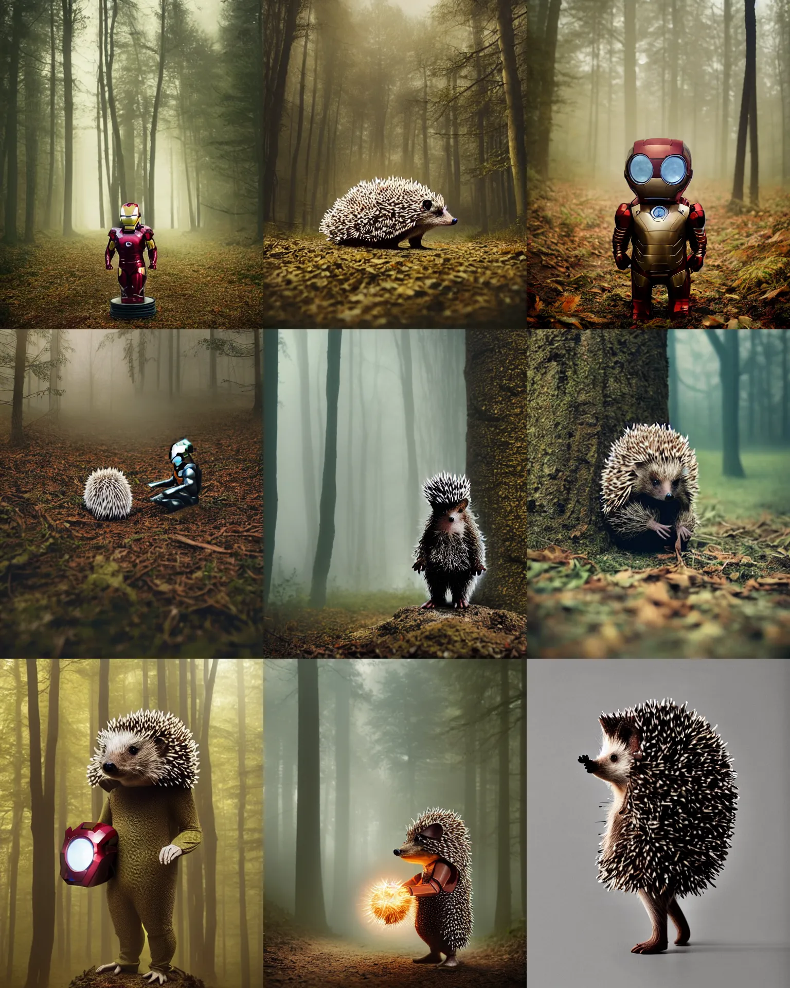 Prompt: hedgehog wears iron man suit ,in deep forest hungle , full body , Cinematic focus, Polaroid photo, vintage , neutral dull colors, soft lights, foggy mist , by oleg oprisco , by thomas peschak, by discovery channel, by victor enrich , by gregory crewdson