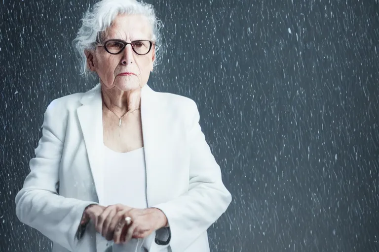 Image similar to a realistic cinematic headshot portrait of an old woman, wearing futuristic white suit in a skyscaper office, 4 k, ultra realistic, dramatic lighting, rain, clouds, fog, vogue, fashion, magazine spread, by annie leibovitz