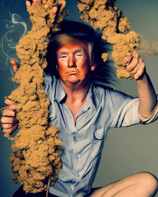 Prompt: donald trump with hippie hair, hippie clothes, smoking cannabis, photorealistic photographed in the style of annie leibovitz, studio lighting