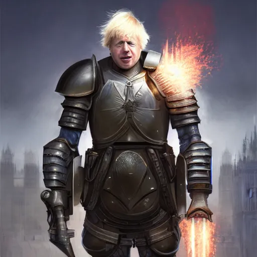Image similar to boris johnson in armour destroying parliament, anatomy, bathed in light, highly detailed, photorealistic, artstation, smooth, sharp focus, illustration, unreal engine 5, 8 k, art by artgerm and greg rutkowski and edgar maxence