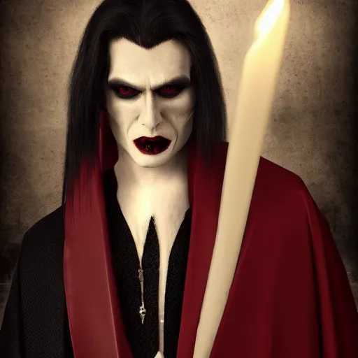 Image similar to a vampire, male, late - 4 0 s aged, long, slicked black hair, clean shaven, wearing a cape, regal, royal, grim facial expression, high medieval fantasy, full color digital art, cinematic shot, full body shot.