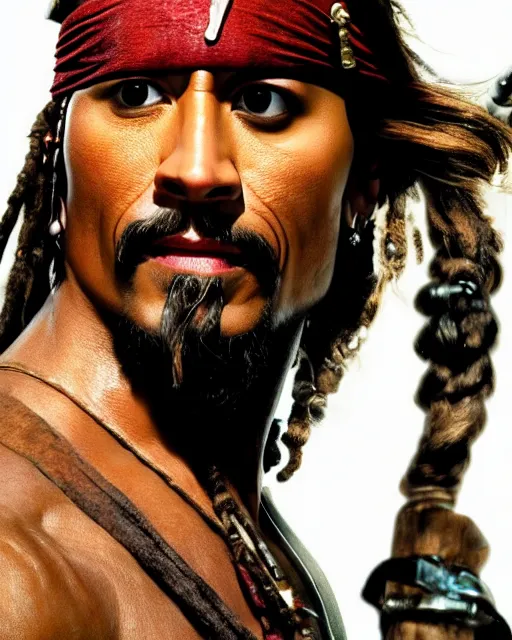 Image similar to Film still close-up shot of Dwayne Johnson as Captain Jack Sparrow with Dwayne The Rock Johnsons face from the movie Pirates of the Caribbean. Dwayne The Rock Johnson Photographic, photography