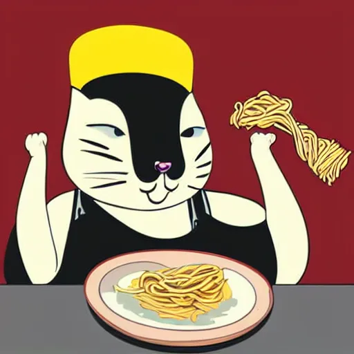 Prompt: fat cat eating noodles on toast, roaring 2 0 s art style