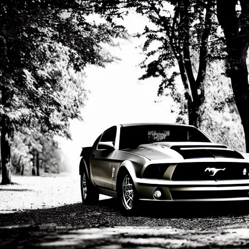 Prompt: gray old model mustang, black background, sideshot, autumn, woods, black and white 4 k,