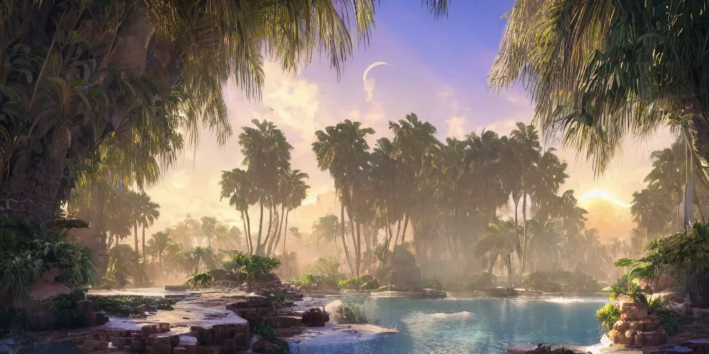 Image similar to beautiful oasis waterfalls surrounded by palm trees moroccan tile archways, date trees, ivory towers sunset peter morbacher ross tran angelarium greg rutkowski alchemy luxury heavenly light soft illumination, trending on artstation cinematic lighting digital painting octane render, artgerm