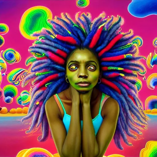 Image similar to a wide angle shot of a black girl with colorful dreadlocks in a field of candy, by Adi granov and afarin sajedi and amanda sage and evgeni gordiets and Agostino Arrivabene and adonna khare in a psychedelic portrait style, ultrarealistic matte painting, volumetric lighting, fractal, extremely symmetrical, highly detailed face, orisha, 8k, hd