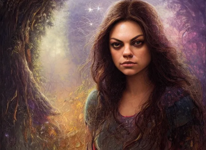 Image similar to Mila Kunis staring into the camera, misty wisps, Lilia Alvarado, Sophie Anderson, Mark Arian, Bob Byerley, Charlie Bowater, Mark Brooks, Steve Henderson, Justin Gerard, Arthur Hughes, Edward Robert Hughes, Mark Keathley, Victor Nizovtsev, Carlos Shwabe, Ross Tran, WLOP