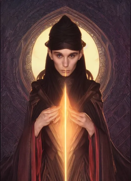 Image similar to portrait Rooney Mara as a dark magician of the magic of darkness, full length shot, shining, 8k highly detailed, sharp focus, illustration, art by artgerm, mucha, bouguereau