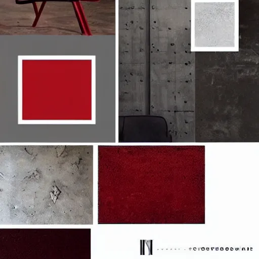 Prompt: material mood board combining concrete, red painted metal, aged oak, plants, dark grey carpet, collage, architectural finishes, pinterest, trendy, expressive, warm, eye catching, interior design, industrial design, samples, paint, carpet, wood, plants