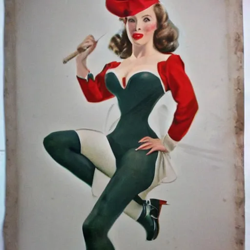 Image similar to full body pin up post war dressing a military unioform,with a park in the back ground, water color, Gil Elvgren style