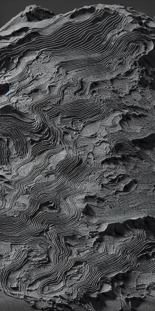 Prompt: a photorealistic render of a topographic map, on a black background, greyscale, made of melted metal and bioluminescent beings, c 4 d, by zhelong xu ouchh studio and ernst haeckel, wide angle, hyper realistic, plain black background, 8 k, volumetric lightning, octane render