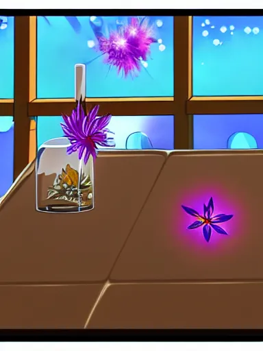 Image similar to anime screenshot of a powerful magician in his laboratory. magical artefacts in the table, bushs of flowers growing in the roof and floor