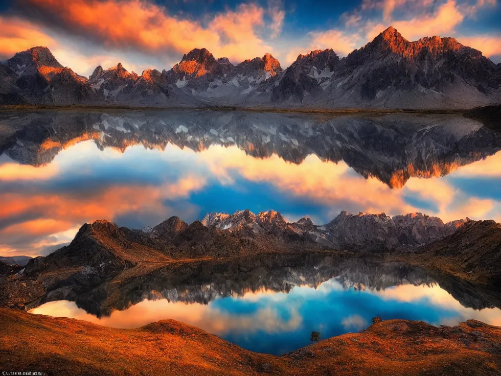 Image similar to amazing landscape photo of mountains with lake in sunset by marc adamus, beautiful dramatic lighting