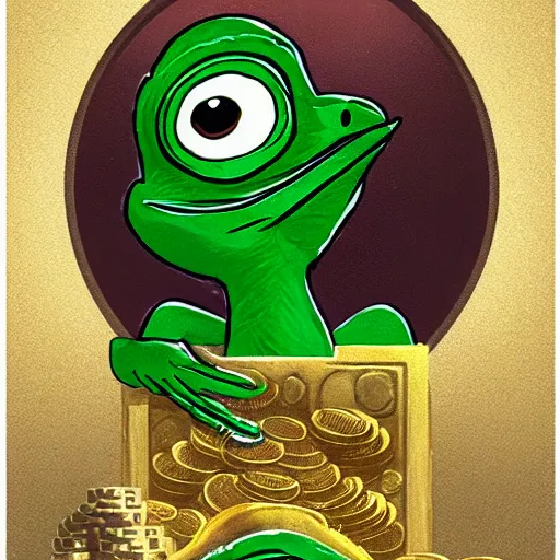 Prompt: super rich happy pepe, coins, gold, crystals, greg rutkowski