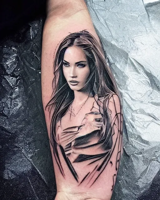 Image similar to double exposure effect tattoo design sketch of megan fox with amazing mountain scenery, realism tattoo, in the style of den yakovlev, amazing detail, sharp