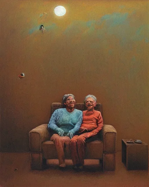 Image similar to old couple sitting on a couch in an old wooden house and looking at a scared boy flying in sky, Beksinski painting