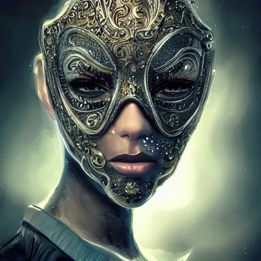 Image similar to Very very very very highly detailed epic photo of face with venetian mask, intricate, dystopian, sci-fi, extremely detailed, digital painting, artstation, concept art, smooth, sharp focus, illustration, intimidating lighting, incredible art by Artgerm