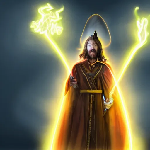 Image similar to a male wizard, glowing, frontal view, cool looking, high resolution